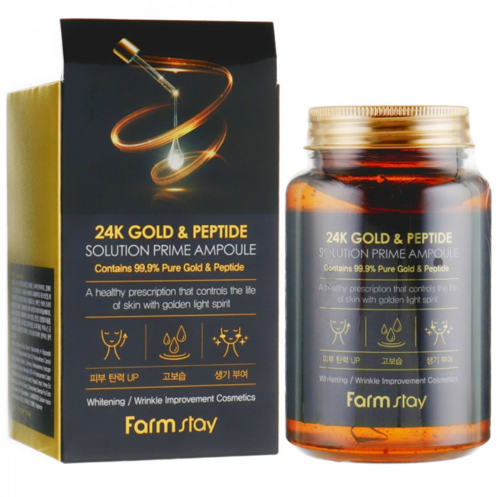 Ампульная сыворотка для лица с золотом и пептидами Farmstay 24k Gold & Peptide Solution Prime Ampoule 250 мл